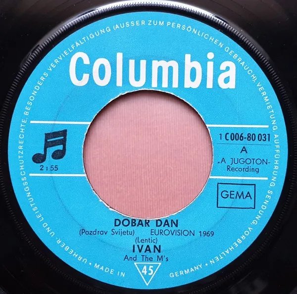 Etiketa singl ploče Dobar dan (Pozdrav svijetu), Eurovision 1969